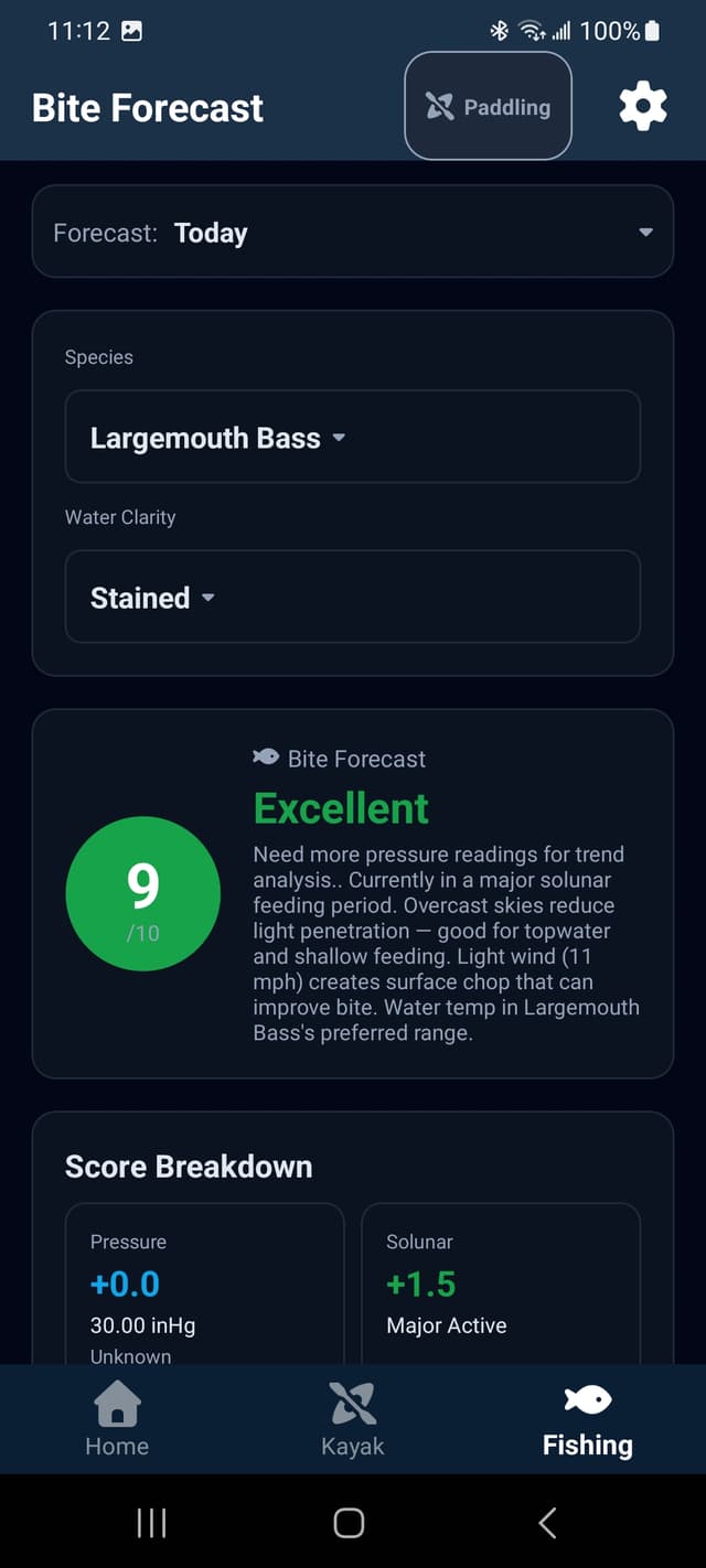 KayakSafe bite forecast and lure advisor