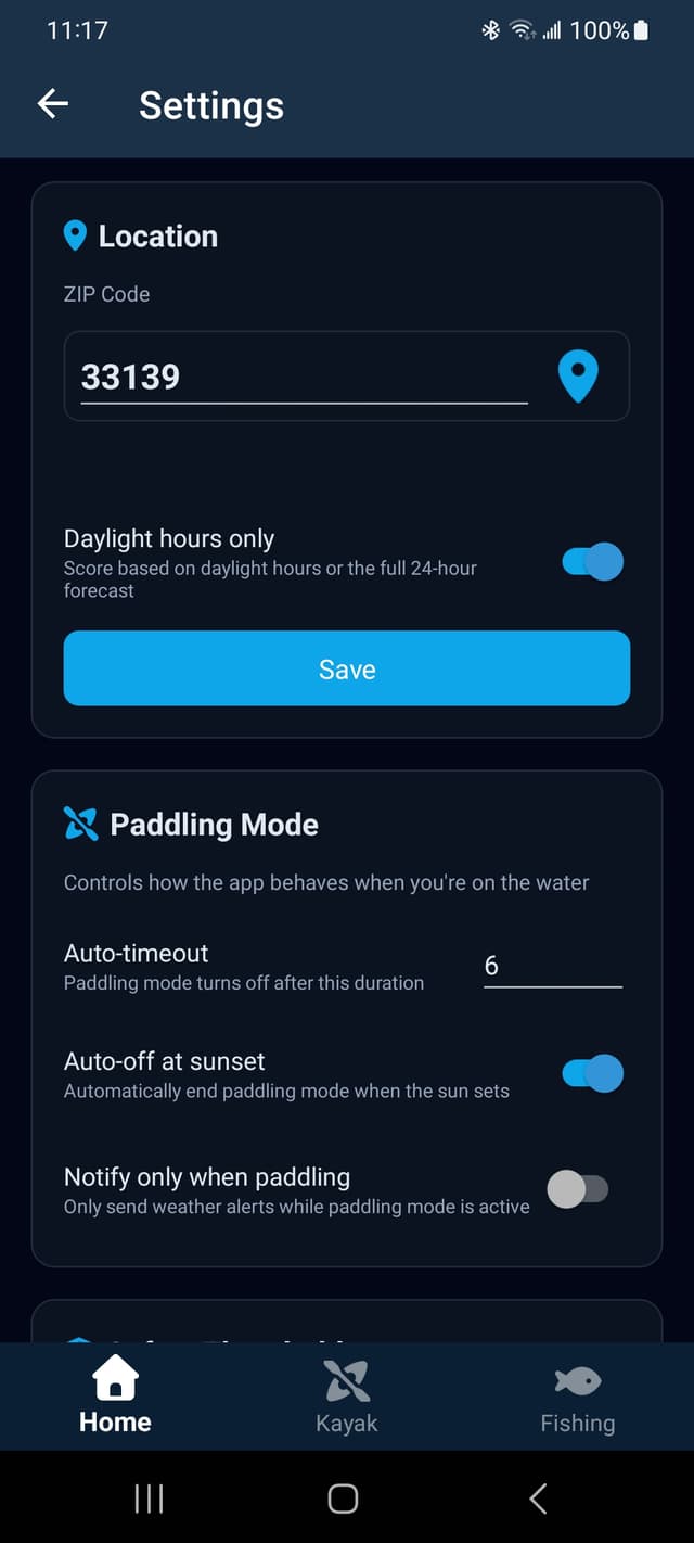 KayakSafe settings