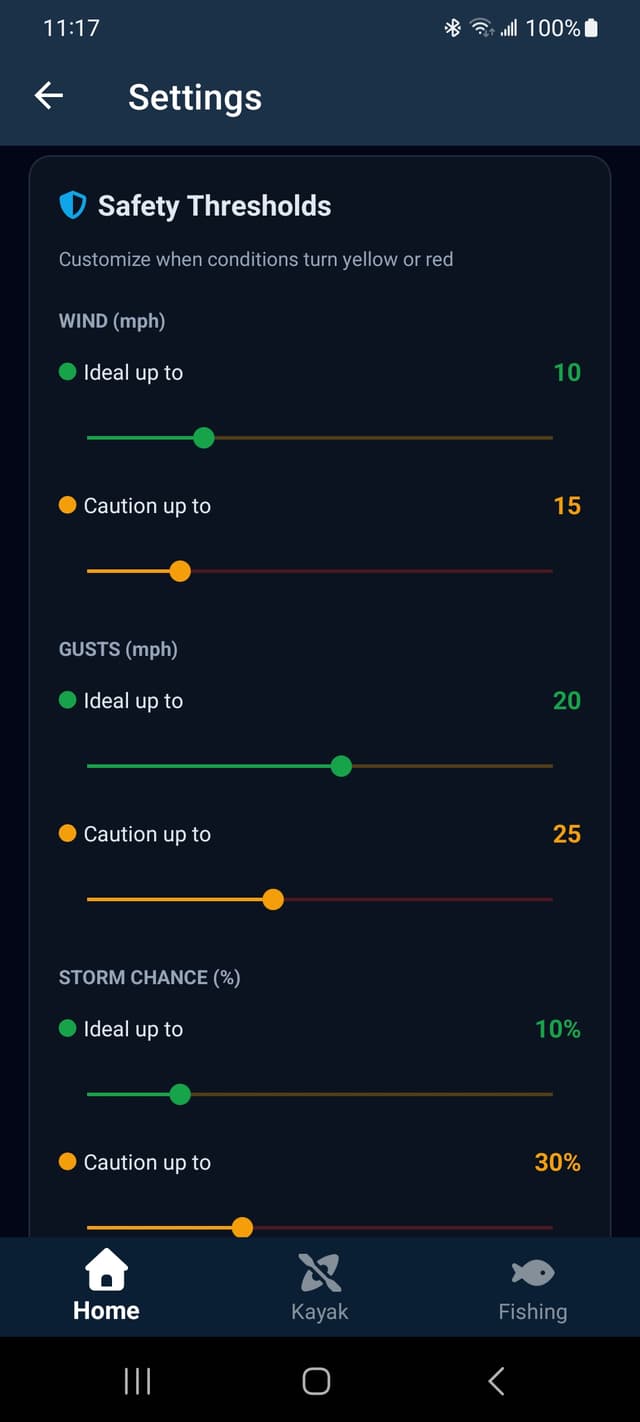 KayakSafe condition threshold settings