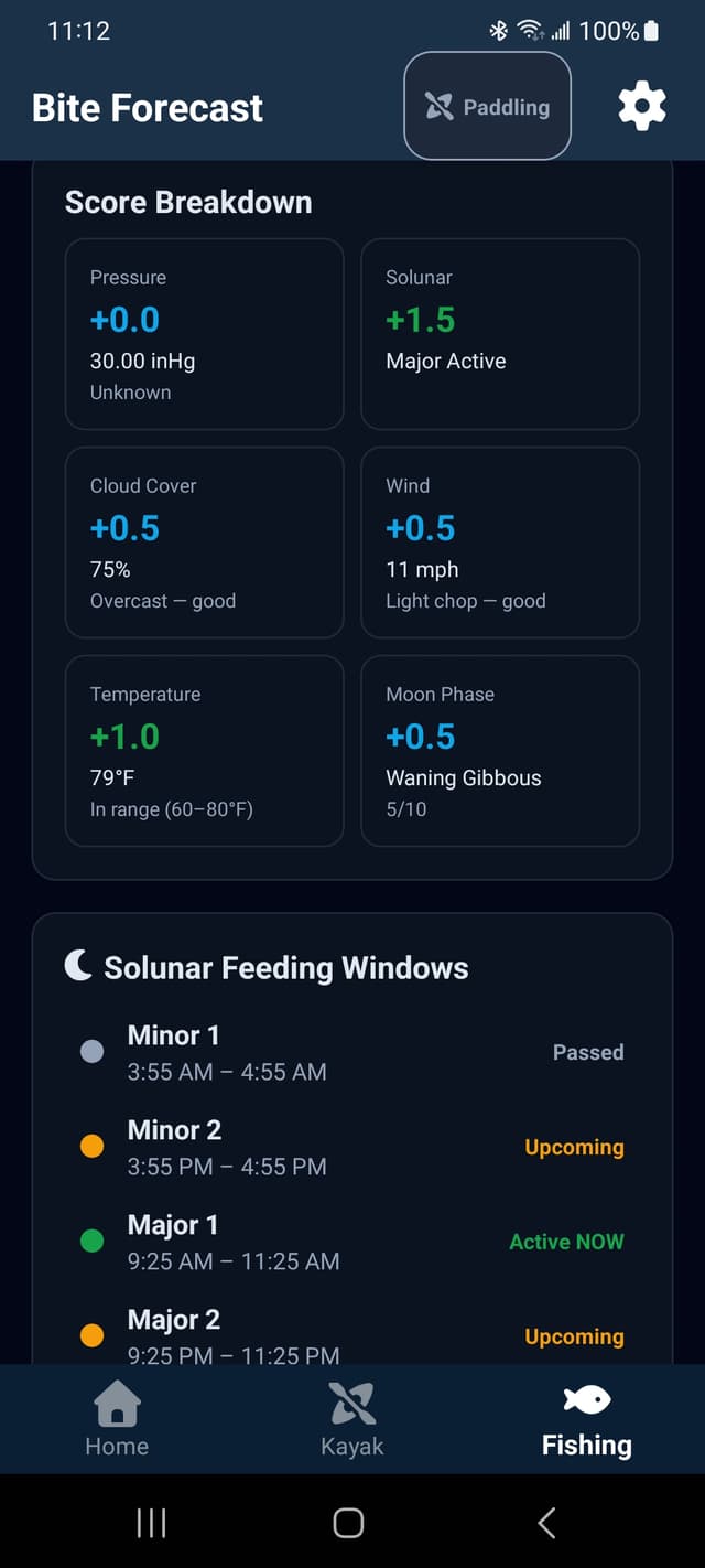 KayakSafe score breakdown and solunar